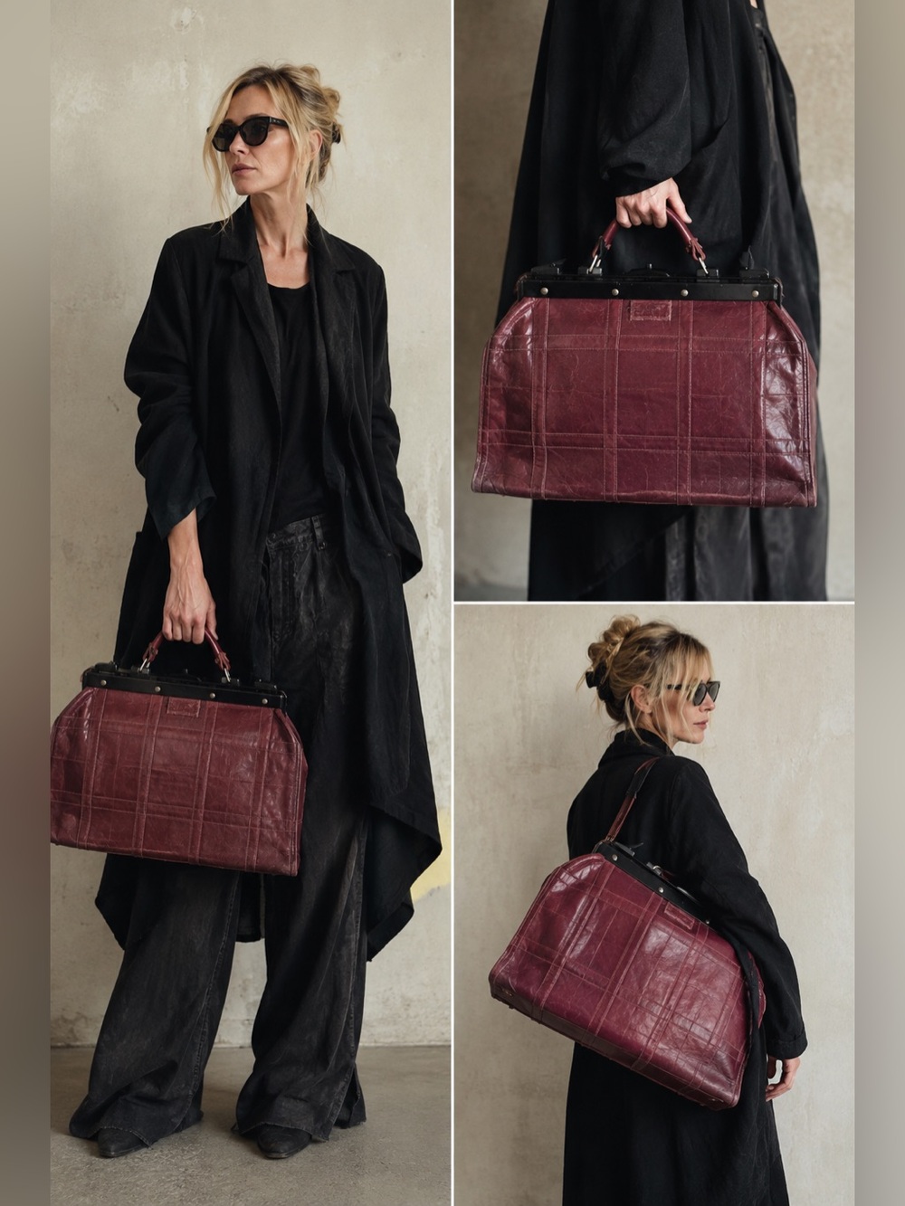 Vintage Burgundy Leather Doctor Bag Large Frame Satchel Distressed